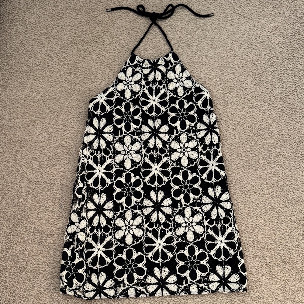 Ramy Brook Black & White Floral Crochet Backless Halter Dress